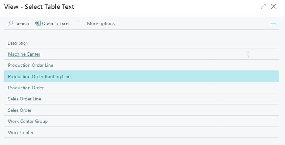 Configure table texts in the VAPS