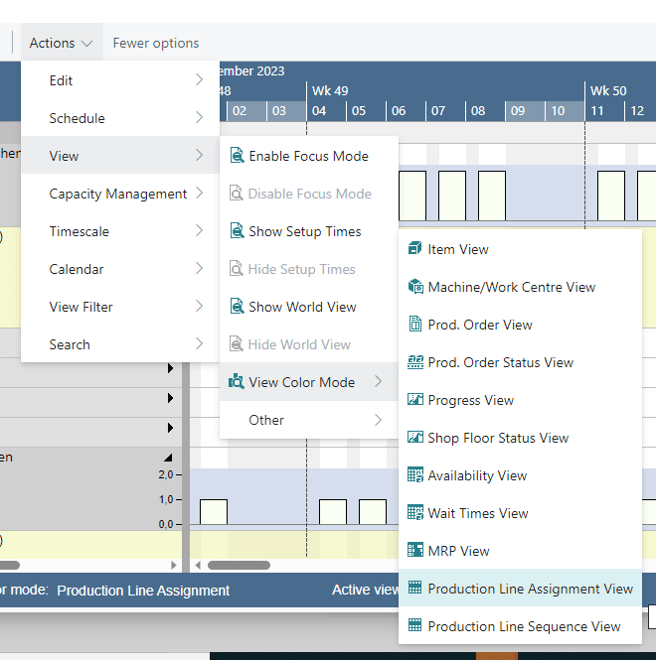 VAPS - select Production Line Assignment View in the plan